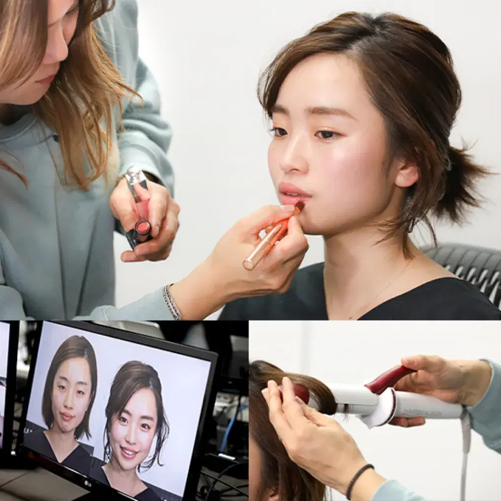 女性にメイクしている授業風景