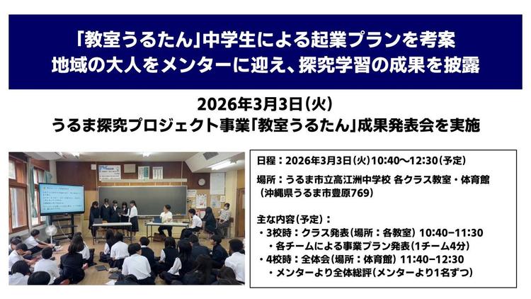 「教室うるたん」中学生による起業プランを考案 地域の大人をメンターに迎え、探究学習の成果を披露のサムネイル